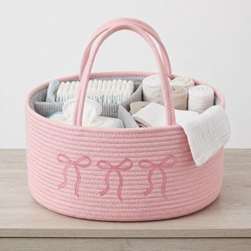 Baby Caddy Organizer, Cotton Rope Baby Diaper Caddy with 3 Compartments Hand-Braided Pink Nursery Storage Basket with Bow Embroidery Newborn Essentials Gift (Pink)