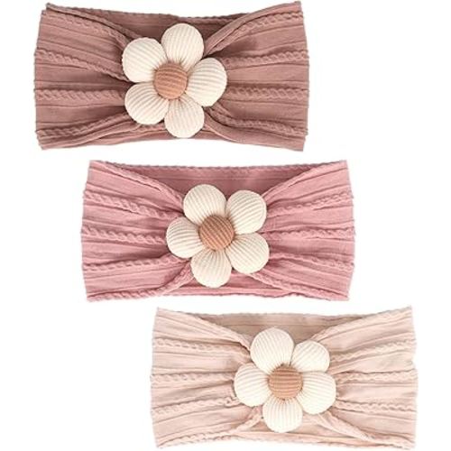 3 Pcs Baby Flower Headbands Baby Girls Nylon Headbands Soft Hairbands Hair Accessories for Newborn Infant Toddler Kids (Beige Pink Khaki)