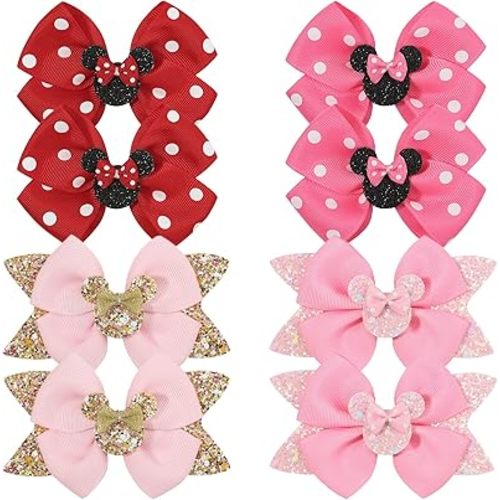 Qearl 8 Pcs Mouse Ears Bow Clips for Girls, Polka Dot Red Bows Theme Park Costume Party Decoration for Toddlers Girls in Pairs
