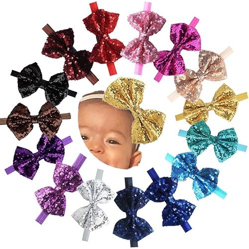 CellElection 15Pcs Baby Girls Headbands 4'' Big Boutique Bling Sparkly Glitter Sequin Hair Bows Headband Elastic Hair Bands Hair Accessories for Toddlers Infants Newborns