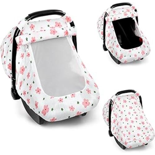 Hooyax Muslin Car Seat Cover Baby - Breathable and Privacy Car Seat Canopy with 3 Modes - Easy Install & Gift Box Packaging, Universal Fit for Infant Car Seats, Pink Flower