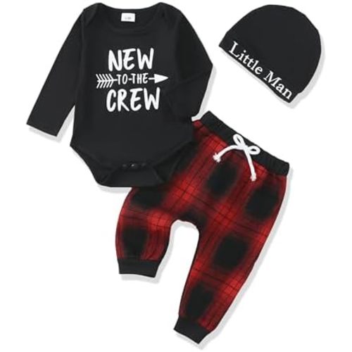 Renotemy Newborn Baby Boy Fall Clothes, Long Sleeve Letter Printed Rompers Plaid Pants Hat Outfits Clothing Set 0-18 Months