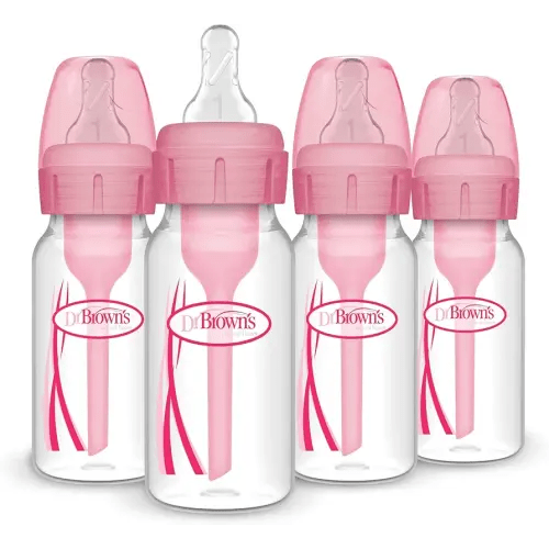 Dr. Brown's Natural Flow Anti-Colic Options+ Narrow Baby Bottle, 4 oz/120 mL, with Level 1 Slow Flow Nipple, Pink, 0m+, 4 Pack