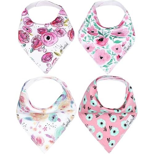 Copper Pearl 4 Pack Soft Cotton Baby Bibs for Drooling and Teething, Absorbent Drool Bibs for Baby Girl and Boy, Adjustable to Fit Newborns to Toddlers, Tons of Styles (Bloom)