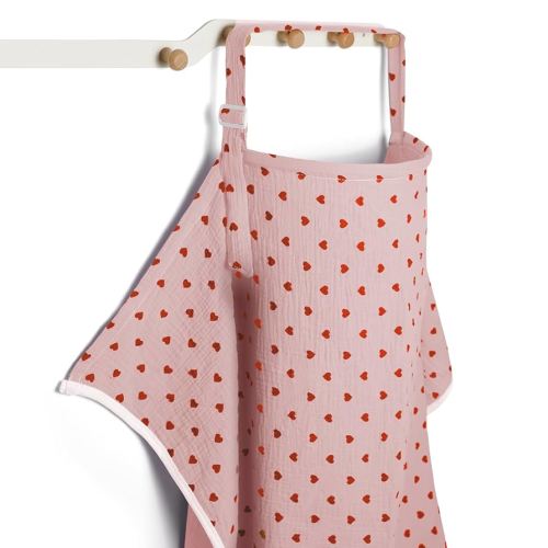 Muslin Nursing Covers for Breastfeeding, Arch Neckline Breast Feeding Covers for Women, Moms Privacy Breathable Summer Nursing Apron, 43.3" x 25.6" Soft Feeding Cover (Pink Red Heart)