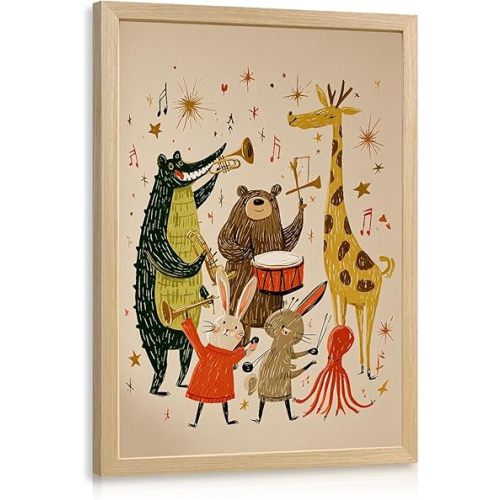 EisEver Wood Framed Kids Music Animal Band Wall Art, Cute Cartoon Animal Canvas Painting, Bear Giraffe Crocodile Bunny Wall Decor, Playful Nursery Poster Print for Baby Kids Room Playroom 16x24 Inch