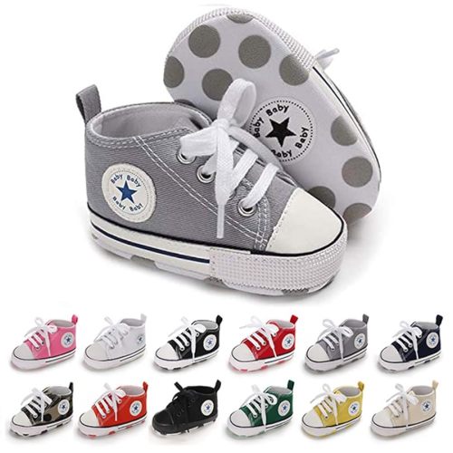 Unisex Baby Soft Sole Sneakers, Canvas Denim High Top, Newborn Infant First Walkers