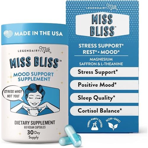 Legendairy Milk Miss Bliss™ Stress Support for Women – Stress Relief Supplement with affron® Saffron, Magnesium Glycinate + Citrate & L-Theanine – Calm & Mood Balance, Non-Drowsy, 60 Vegan Capsules