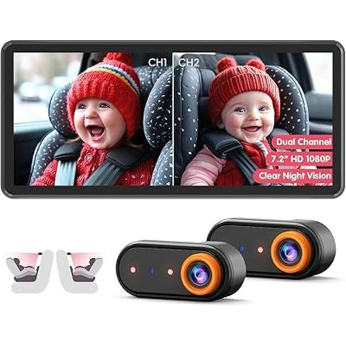 Baby Car Camera for 2 Kids, Dual Channel with 7.2" 1080P Crystal Clear Display, Easily Install Backseat Mirror with 2 IR Night Vision Cameras, Safety Car Baby Camera for Rear Facing