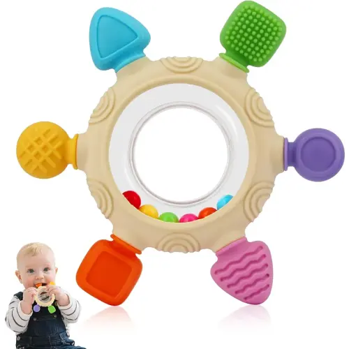 Baby Teething Rings Toys for 0-6 6-12 Months Baby Rattle Teether Sensory Toys for Babies 0-24Months Silicone Teether Relief Chew Soothing Sore Gums for Newborn Infant Essentials BPA Free