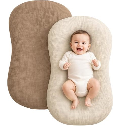 Muslin Baby Lounger Cover 2 Pack, Cotton Soft Breathable Infant Nest Slipcovers, Envelope Closure, Compatible with Snuggle Me Loungers, Machine Washable, Cover Only, for Boys Girls(Brown & Beige)