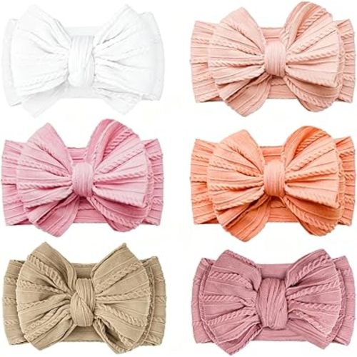 Baby Bows Headbands Soft Nylon Handmade Hair Accessories for Newborn Infant Toddler Kids (6 Mixed Pink, Large)