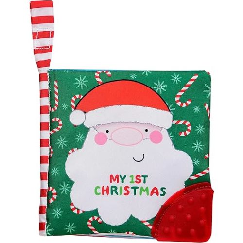My First Christmas Soft, Crinkle Activity Book with Silicone Teether and Travel Strap, Santa, Green (5 1/2 inch Square)