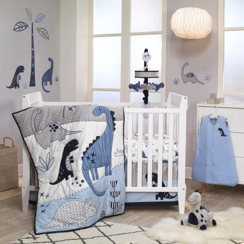 Lambs & Ivy Newborn Boy's Dino Blue/White 6-Piece Nursery Bedding Set with Comforter and Sheets