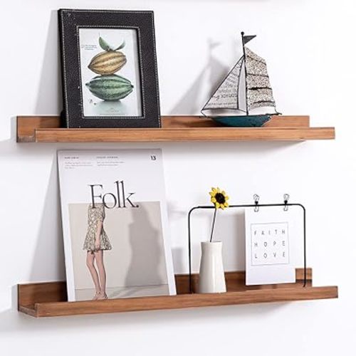 AZSKY Floating Nursery Book Shelves Light Fair Pale Walnut Rustic Picture Photo Ledge Shelves Wall Mounted Wooden Display Shelf for Bathroom Bedroom Kitchen 24 Inch Wall Shelves a Set of 2