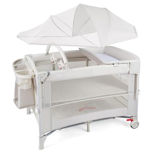 BABY JOY 5-in-1 Pack and Play with Canopy, 4 Level Heights Baby Bedside Sleeper w/Bassinet, U-Shaped Changing Table, Safety Strap, Side Zipper, Portable Bedside Crib Playard from Newborn to Toddlers