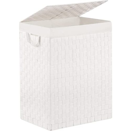 Laundry Hamper Basket with Lid by Fiona's magic, Foldable Handwoven 96L Large Clothes Hamper with Removable Liner Bags, Collapsible Tall Hamper for Bedroom, Bathroom and Dorm Organizer, White