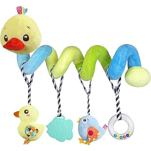 Caterbee Baby car seat Toys, Activity Spiral hangings Stroller Toys, Plush Crib Toys with Squeaky for boy or Girl (Duck)