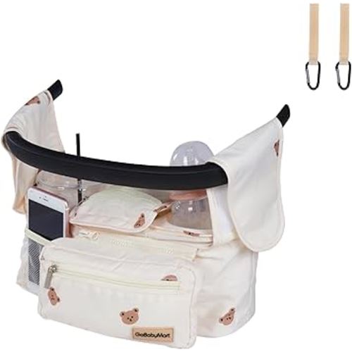 GoBabyMart Universal Stroller Organizer with Cup Holders, Detachable Wristlet | Fits All Strollers | Stroller Diaper Bag Organizer with Phone Pocket, Insulated Bottle Holder & Storage Compartments