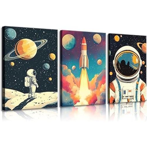 lkjhgf999 3 Pcs Space Canvas Wall Art Nursery Space Astronauts Kid Painting Pictures Wall Decor Explore Dream Galaxy Canvas Prints Artwork for Boys Room Girls Room Kids Room Decoration