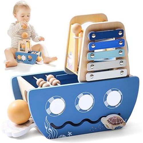 Promise Babe 5-in-1 Baby Wooden Activity Cube, Sea Ocean Montessori Toddler Toys for 1+ Year Old Boys Girls Gifts, Educational Learning Boat Toys for 1st Birthday Gifts for Kids