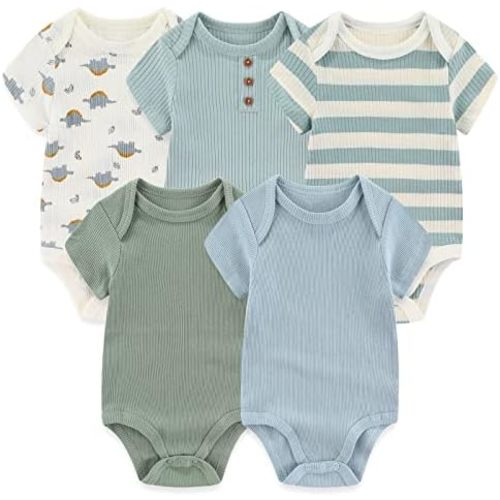 MAMIMAKA Newborn Baby Short Sleeve Bodysuit Cotton One-Piece Baby Clothes 5-Pack, 0-12 Months