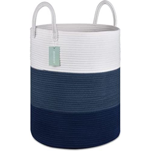 Large Blanket Basket, Tall Laundry Basket 65L, Nursery Hamper, Laundry Hamper, Clothes Basket Laundry, Large Storage Basket, Toy Basket, 16”x 20”, White & Cadet Blue & Navy Blue