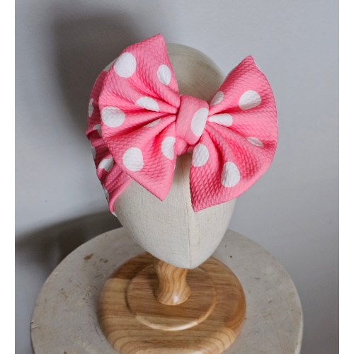 Pink Polka Dot Knit Hair Bow - Headwrap - Clip - Pigtail Bows - Head - White - Holiday - Party - Birthday - Summer - Dots