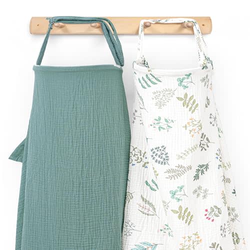 Haleeone Muslin Nursing Cover for Breastfeeding, Privacy Breathable Breastfeeding Cover with Arch Neckline for Mom, 100% Cotton Nursing Apron, Floral and Green