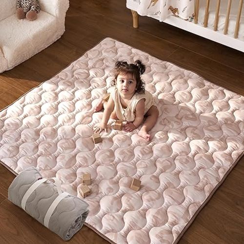 Momcozy Baby Play Mat for Floor, 50x50 Thickened Playpen Mat, Playmate for Baby Tummy Time, Waterproof & Non-Slip, Foldable Outdoor Mat with Carrying Handle, Leopard Heart