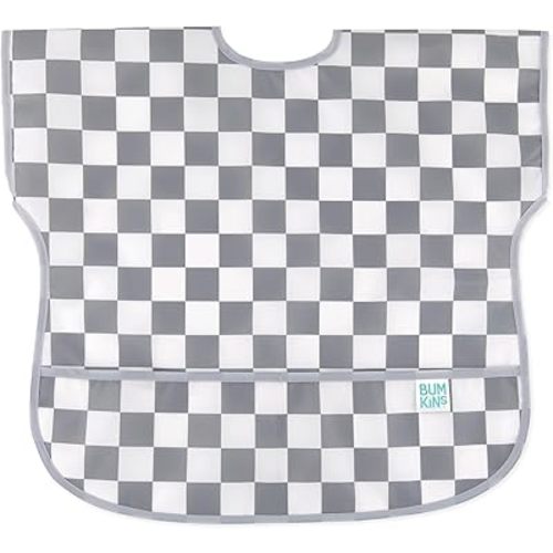 Bumkins Short Sleeve Bib for Girl or Boy, Toddler and Kids for 1-3 Years, Large Size, Essential Must Have for Junior Children, Eating, Mess Saving Soft Fabric Apron for Play, Charcoal Check