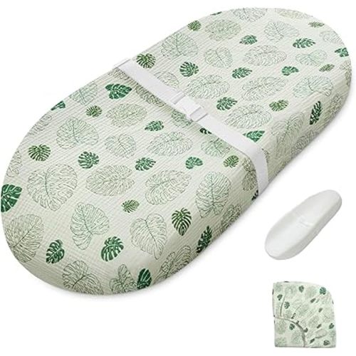 Blissful Diary Muslin Baby Changing Pad with Waterproof Lining Foam, Diaper Changing Table Pad with Cover for Dressers (Monstera, Avocado)