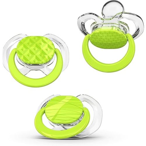 Smilo Baby Pacifier with Orthodontic Design for Healthy Dental Development - Stage 1 for Babies 0-3 Months - Pack of 3X 100% Silicone Newborn Pacifiers BPA Free - Green