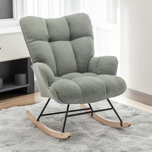 Rocking Chair Nursery Teddy Upholstered Glider Rocker Rocking Accent Chair Padded Seat with High Backrest Armchair Comfy Side Chair for Living Room Bedroom Offices (Green Teddy)