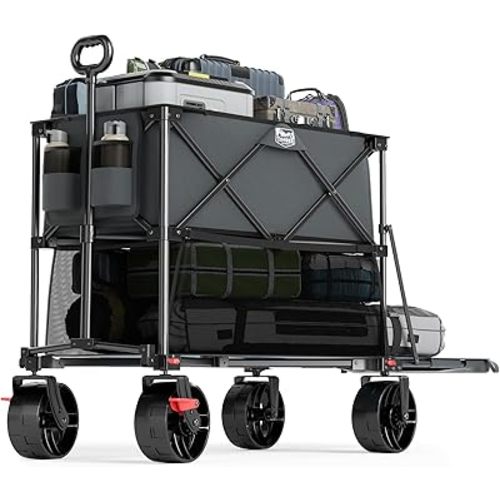 TIMBER RIDGE 400L Large Capacity Folding Double Decker Wagon with Brakes, 54" Extra Long Extender Wagon Cart, 450lbs Heavy Duty Collapsible Cart, All-Terrain Big Wheels for Camping, Sports, Shopping