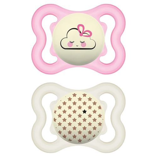 MAM Supreme Night Baby Pacifier, for Sensitive Skin, Patented Nipple, 2 Pack, 0-6 Months, Girl