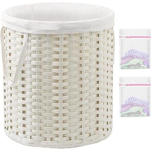 Laundry Hamper Round Laundry Basket 26.5 Gal (100L) Rattan Laundry Hamper, Handwoven Wicker Laundry Basket with Handles Removable Laundry Bag 2 Mesh Bags for Bedroom Laundry Room White