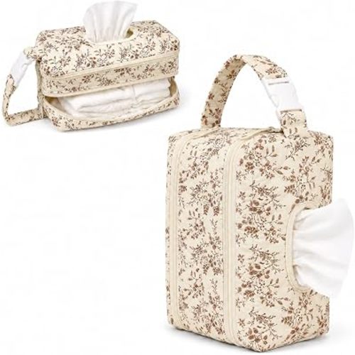 Quilted Diaper and Wipes Pouch, Double-Layer Baby Wipe Holder with Strap - Beige Floral