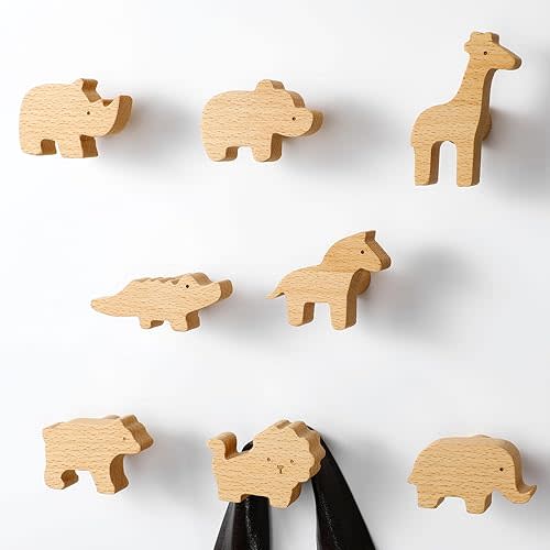 8 Pack Safari Animal Kids Coat Hooks Wall Mount Wooden Coat Rack for Kids Room Nursery Wood Wall Hooks for Hanging Hats, Backpacks, Towels, Keys and Clothes