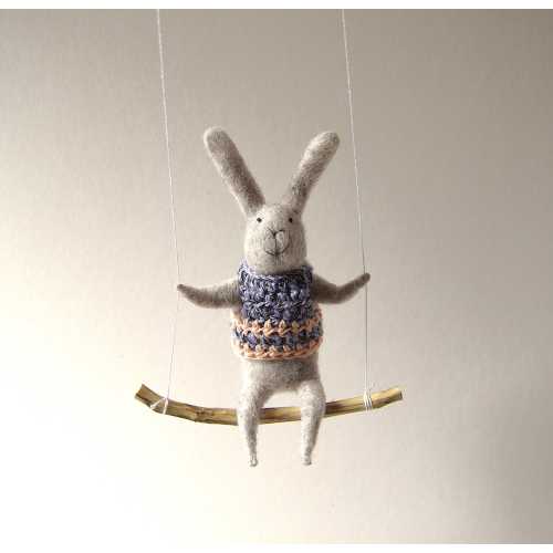 Gray Bunny on Swing, Needle Felted Animal, Nursery Decor, Baby Crib Mobile, Bunny Mobile