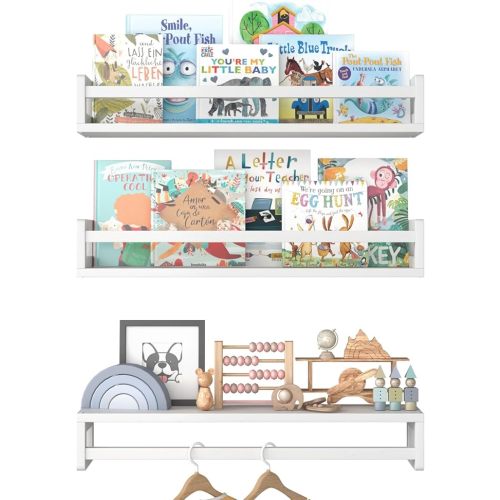 Floating Nursery Book Shelves for Wall, 23.6 Inch Nature Solid Wood Wall Mounted Bookshelf Set of 3, Hanging Bookshelves for Kids Room, Bedroom Nursery Decor and Book Storage (White)