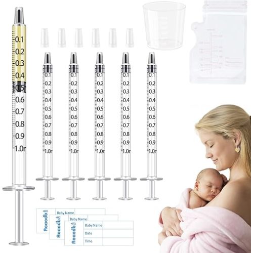 Colostrum Collector Kit Include 100pcs 1ml Sealed Breast Milk Collector No Needle Colostrum Syringes 5 Breastmilk Storage Bags and 1 Piece 30 ml Measuring Cup with 100 Stickers
