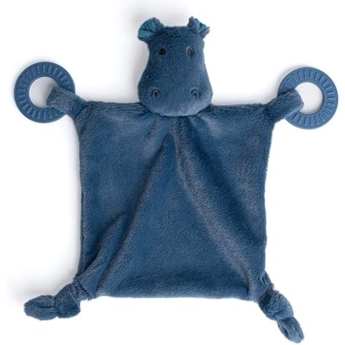 Bella Tunno Teether Buddy – Soft, Plush Baby Lovey with Textured Baby Teether Toy and Gentle Rattling Head, Comforts and Brings Teething Relief, Colorful Animal-Themed Baby Teething Toys (Hippo)