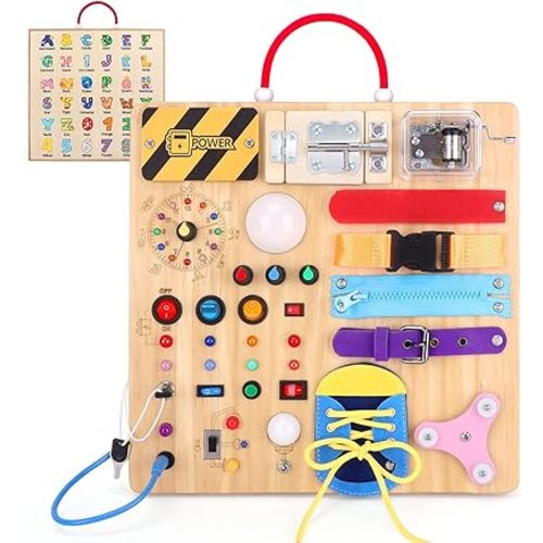 Busy Board,Montessori Toys for 1-3 Years Old, Wooden Toddler Toys, Autism Sensory Travel Toys, Ideal Gift for 1+ Year Old Boys (Busy Board Plus v3)
