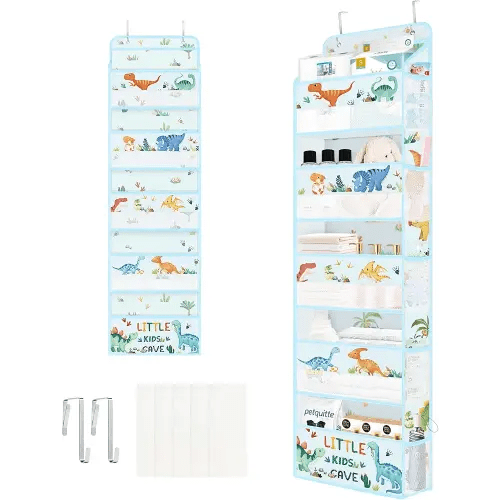 Clastyle Dinosaur Over The Door Organizer Tree Nursery Hanging Storage Organizer for Kids Clothes Diaper Toy Closet Door Hanging Shelf Storage for Bedroom Bathroom Pantry, Blue, 5-Tier