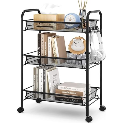 TOOLF 3-Tier Metal Rolling Cart, Mesh Wire Easy Assemble Utility Cart, Storage Trolley on Wheels with 3 Hooks, MetalStorage Shelving Units for Kitchen Bathroom Laundry Room