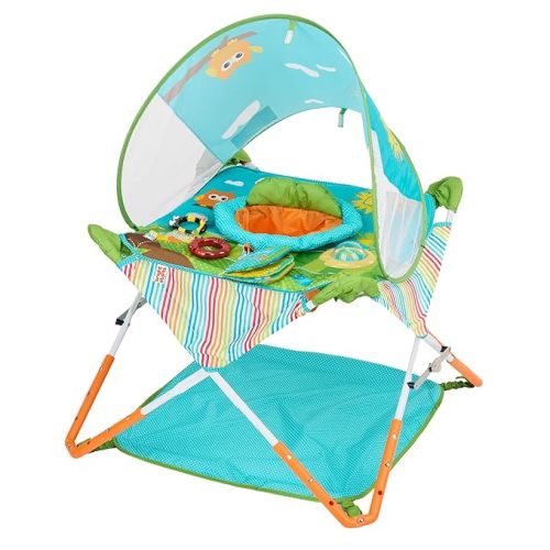Bright Starts Pop 'N Jump Portable Activity Jumper, Indoor/Outdoor Use, Owl Forest with 4 Sensory Toys, Ages 6-12 Months