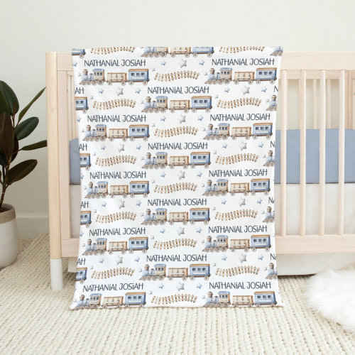 Baby Boy Train Blanket, Blue Train Baby Blanket, Personalized Train Baby Name Blanket, Boy Minky Blanket Custom Name Trains, Baby Boy Gift