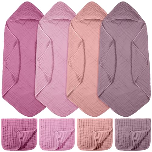 VitalCozy 8 Pcs Baby Muslin Hooded Bath Towels and Washcloths, 32 x 32 Inch Muslin Hooded Baby Towels Absorbent Blankets for Gift Newborn Infant Shower (Pink,Purple)