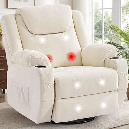 Korser Oversized Recliner Chair, 360° Swivel Recliner for Adults, Swivel Rocker Recliner Chair with Heat & Massage, Manual Recliner with Remote Control & Cup Holders for Living Room, Beige, Chenille